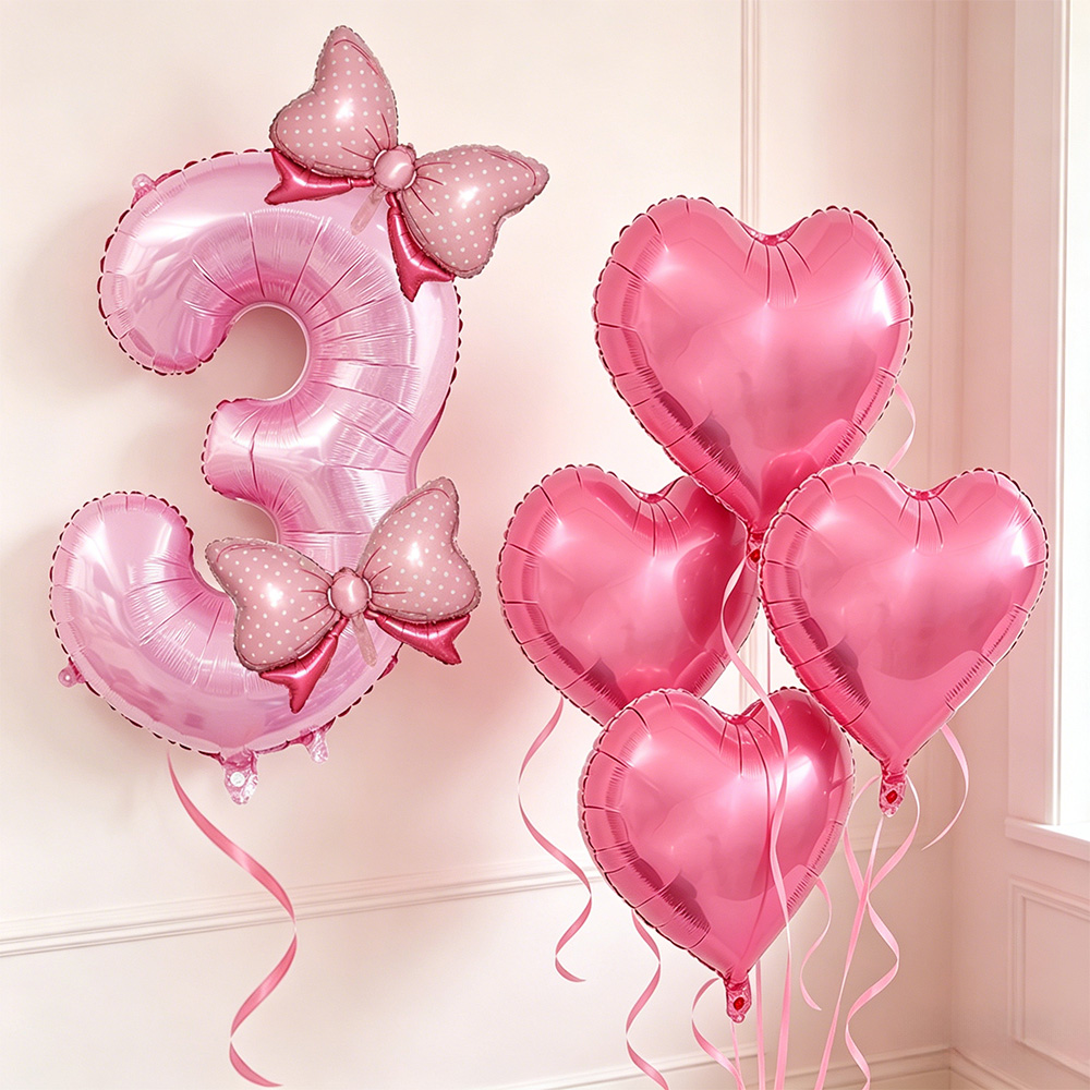 Confetti Balloon Set - زينة حفلات بفيونكة وردية، بالون رقم